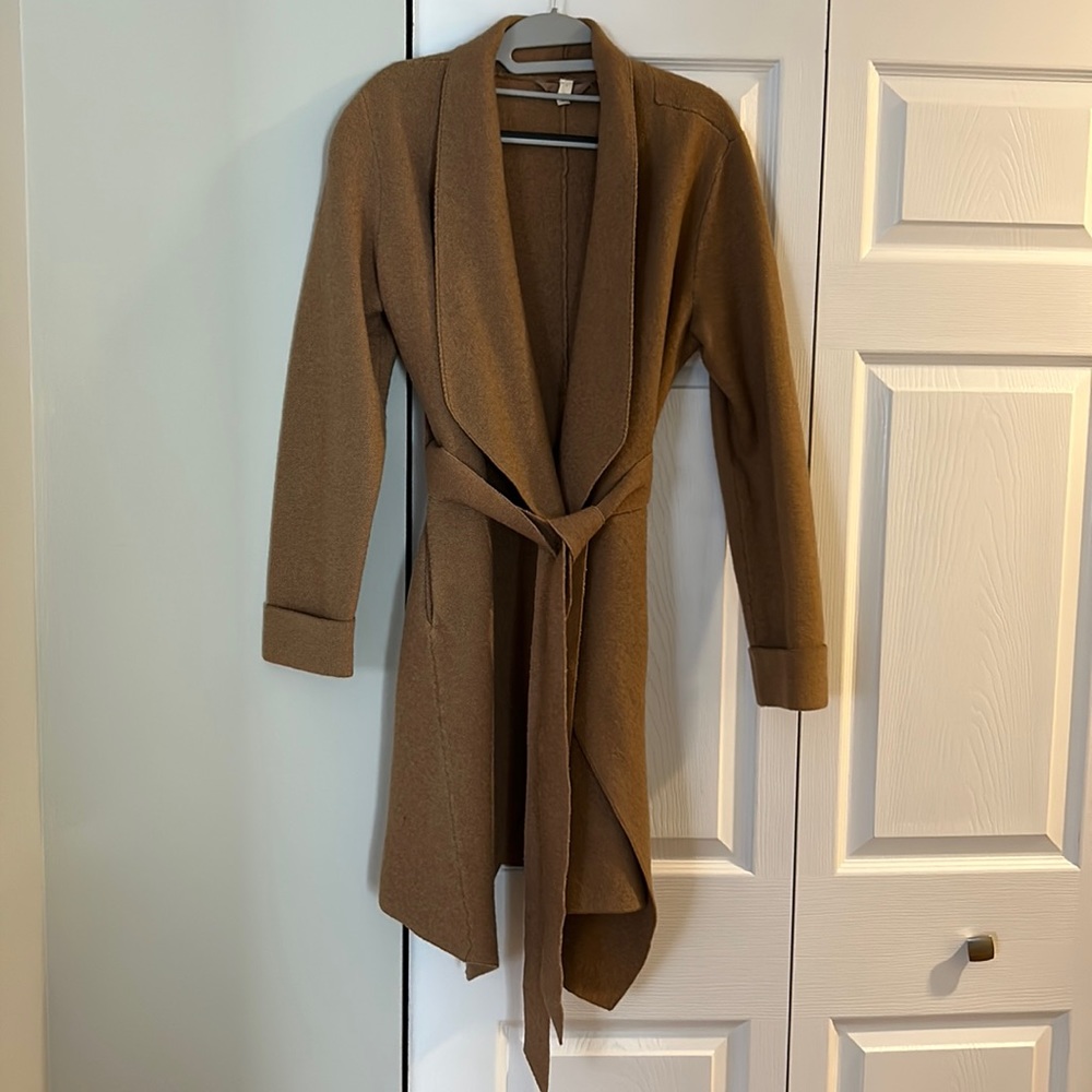 Moth brand wool-cotton blend belted long sweater jacket in camel colour